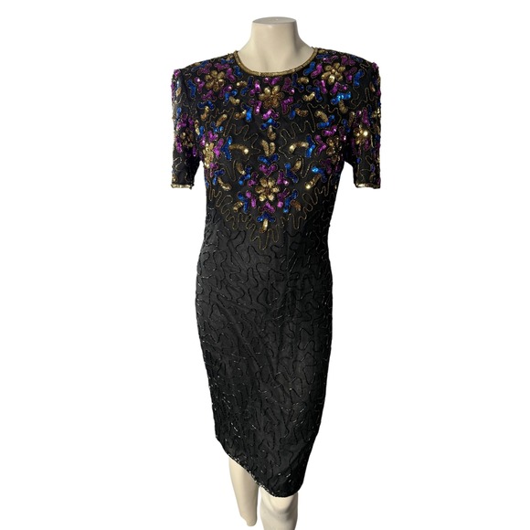 Vintage 90s Y2K Stenay Beaded Silk Cocktail Prom Dress Black Sequin Party Midi - Picture 1 of 12